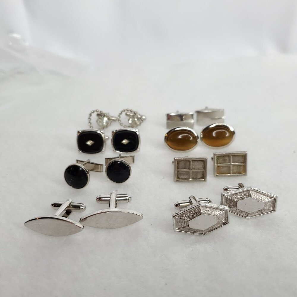 Vintage Cufflink Lot Silver Tone Black Brown Rhinestone 8 Pair